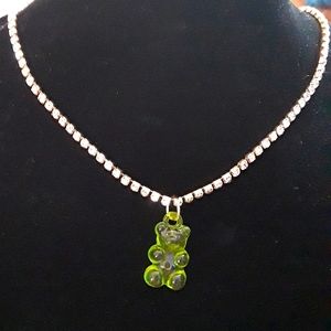 LIME GREEN GUMMY BEAR NECKLACE WITH RHINESTONE GOLD CHAIN NEW